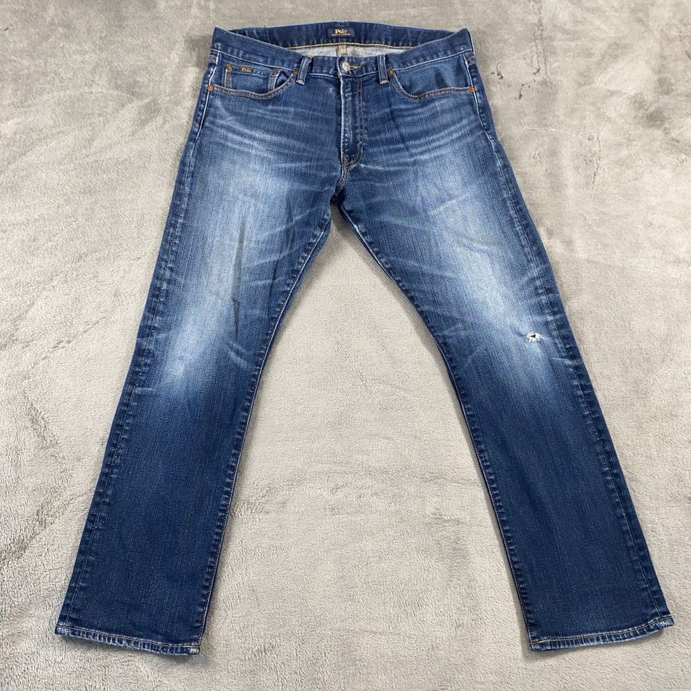 Polo Ralph Lauren Jeans Men 34/30 Blue Varick Slim Straight Fade Whisker Stretch